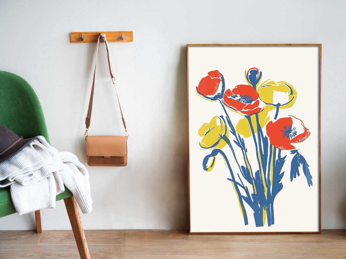 Minimalist Red and Yellow Poppies Blue Stems Modern Art Poster - Image 5