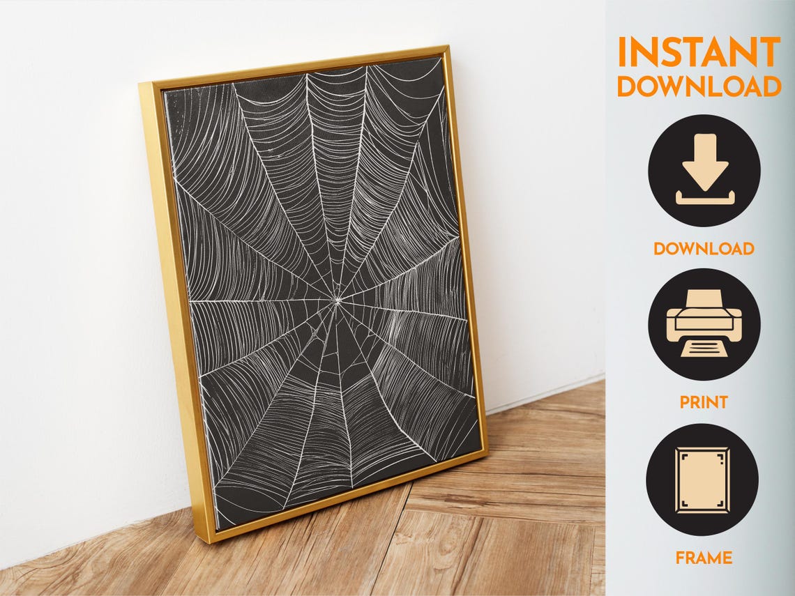 White Spider Web on Black Minimalist Spooky Halloween Art Poster - Image 4