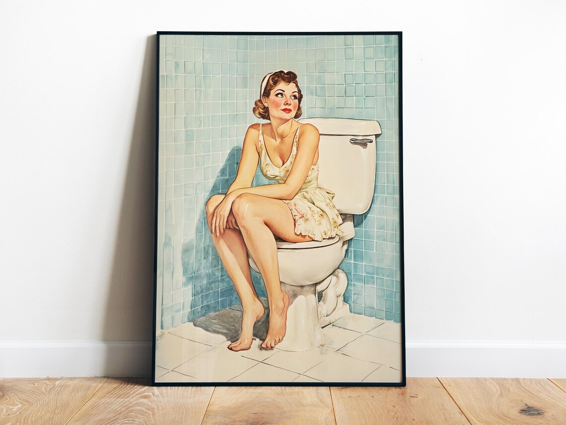 Retro Housewife Sitting On Toilet Vintage Bathroom Art Poster