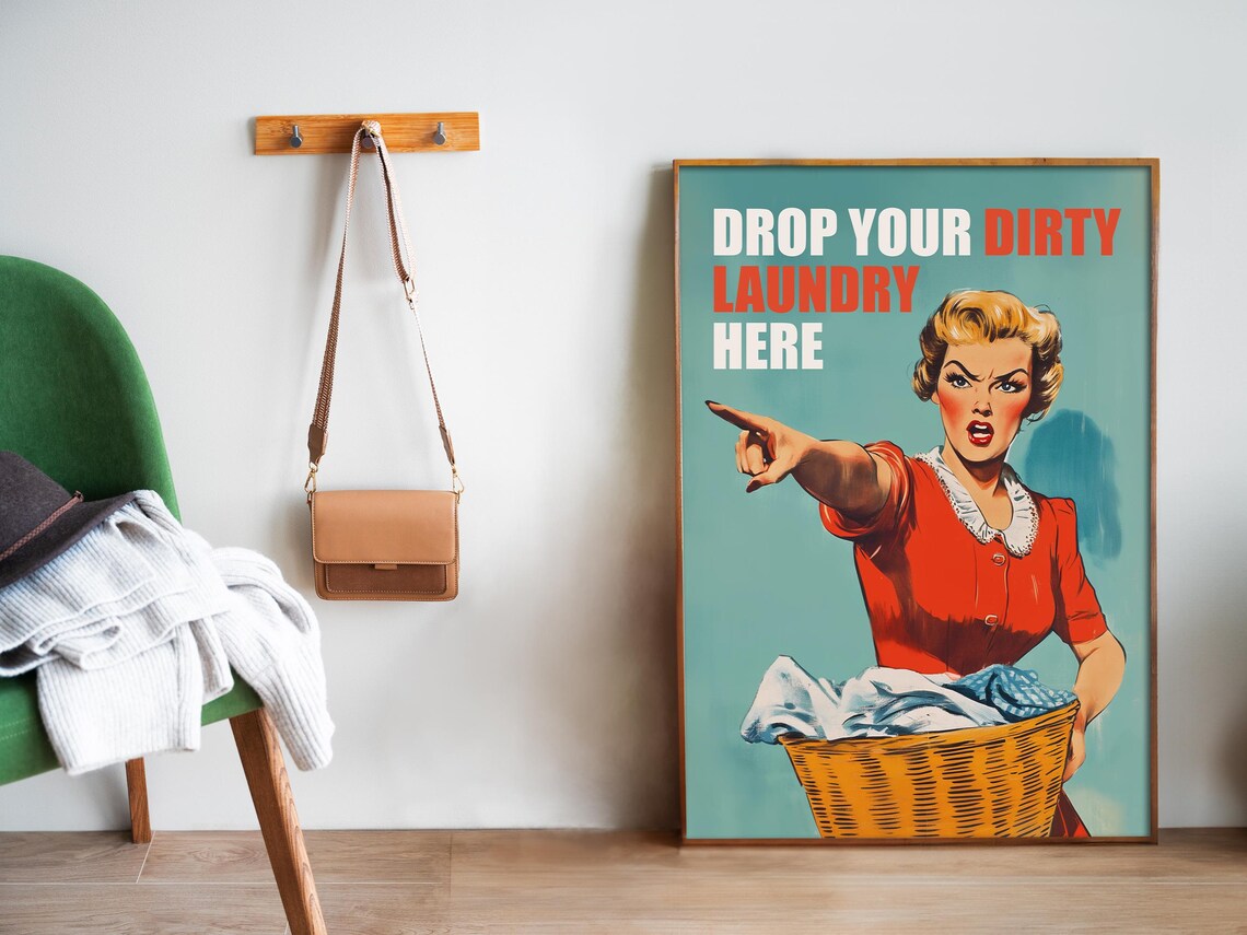 Drop Your Dirty Laundry Here Retro Pointing Woman Funny Laundry Poster - Image 5