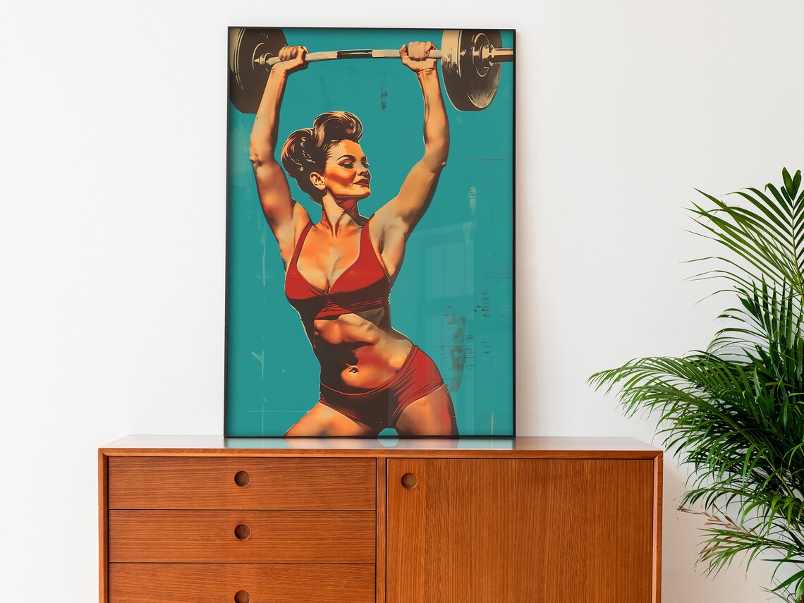 Retro Woman Lifting Barbell Teal Vintage Home Gym Fitness Wall Art - Image 3