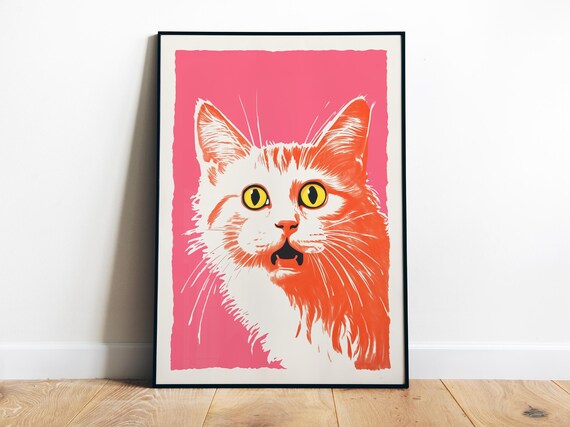 Funny White Cat Face Pink Pop Art Humor Quirky Animal Wall Poster