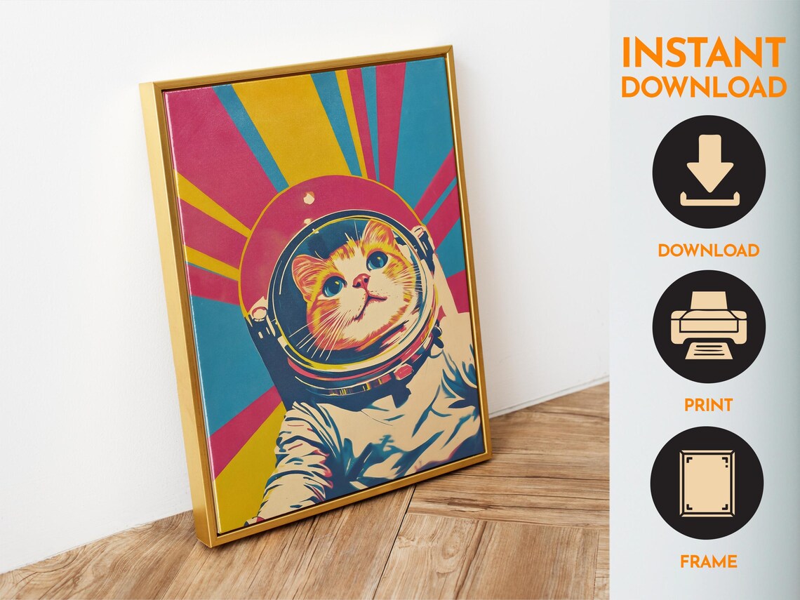 Astronaut Cat In Spacesuit Pop Art Retro Colorful Cosmic Sunburst Poster - Image 6