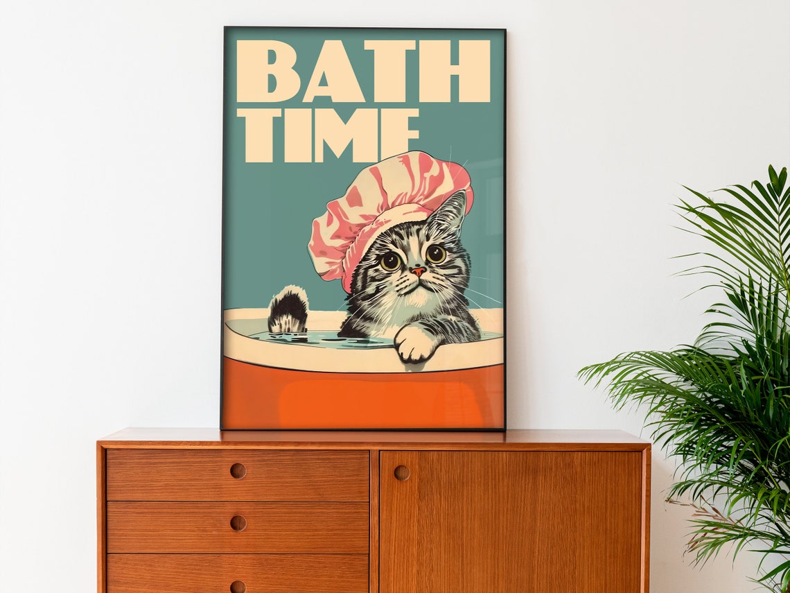 Bath Time Tabby Cat Shower Cap Cute Vintage Bathroom Decor Poster - Image 2