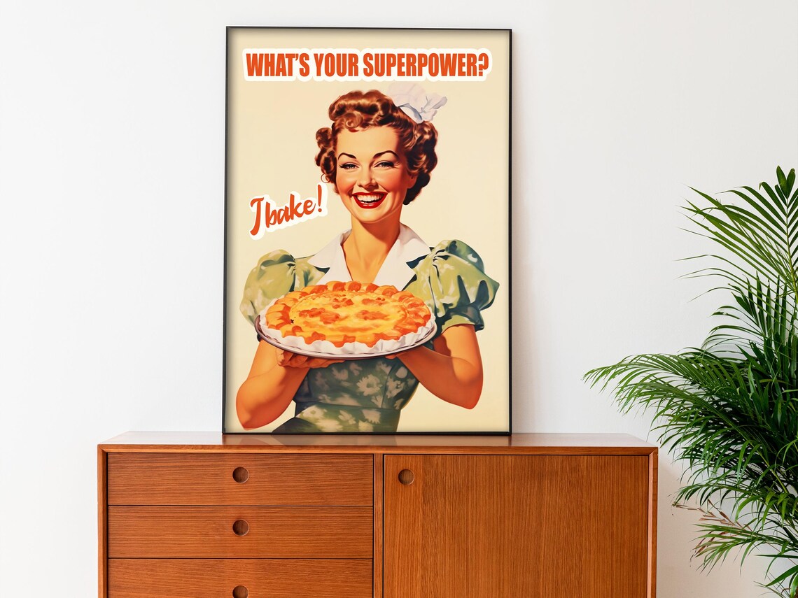 Whats Your Superpower I Bake Retro Woman Pie Vintage Kitchen Poster - Image 3