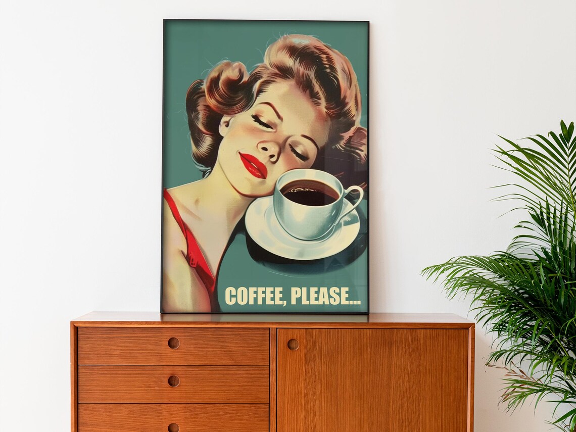 Coffee Please Retro Pinup Woman Dreamy Teal Kitchen Wall Poster - Image 3
