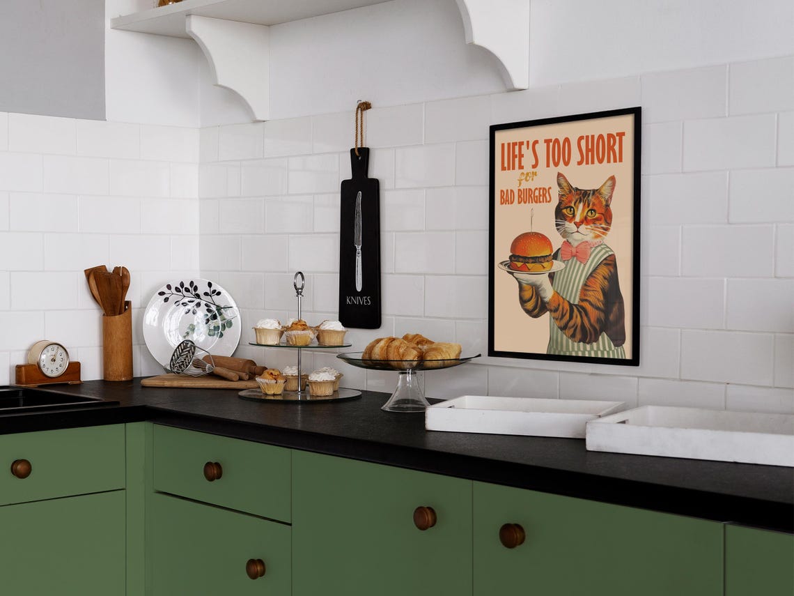 Lifes Too Short For Bad Burgers Cat Waiter Funny Kitchen Poster - Image 2