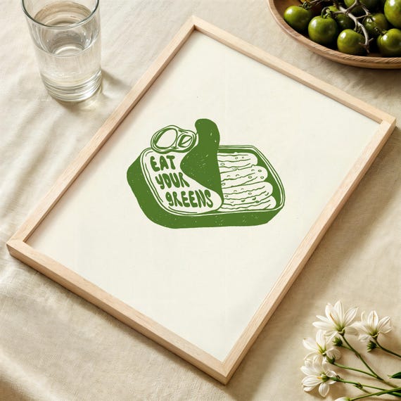 Eat Your Greens Print Canned Food Quirky Hand Drawn Vegetable Wall Art Digital Download