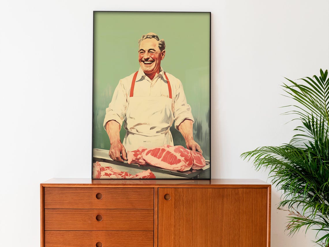 Happy Butcher With Fresh Meat Vintage Retro Kitchen Art Poster - Image 2