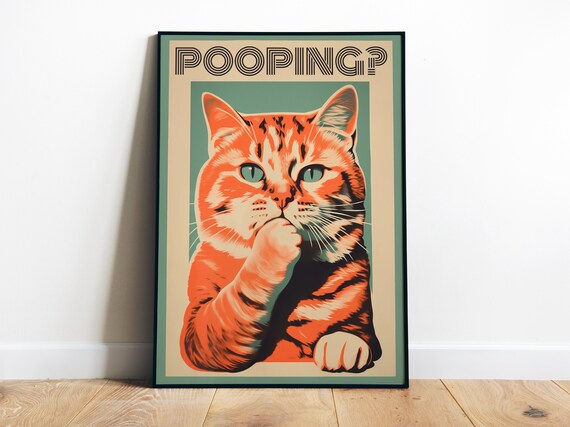 Pooping Funny Orange Tabby Cat Thinking Pose Retro Teal Frame Poster