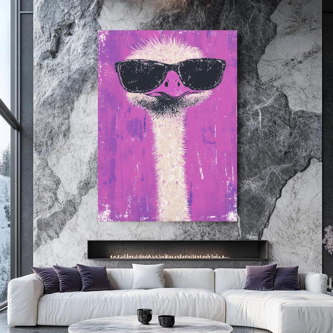 Quirky Ostrich Sunglasses Purple Pop Art Funny Bird Wall Art