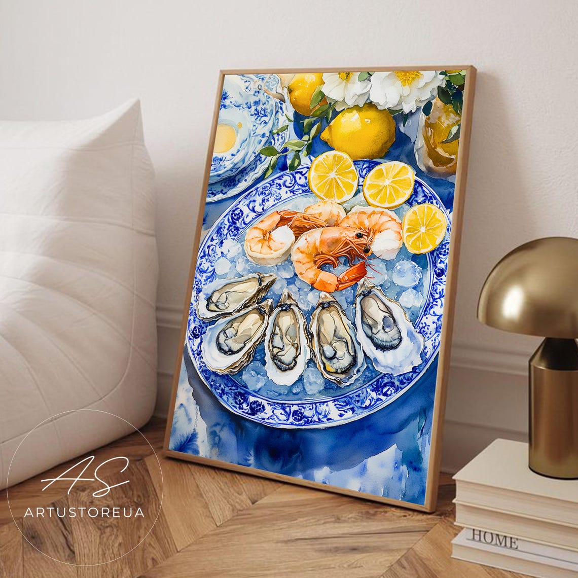 Oysters and Shrimp on Ice With Lemon Watercolor Seafood Art Print