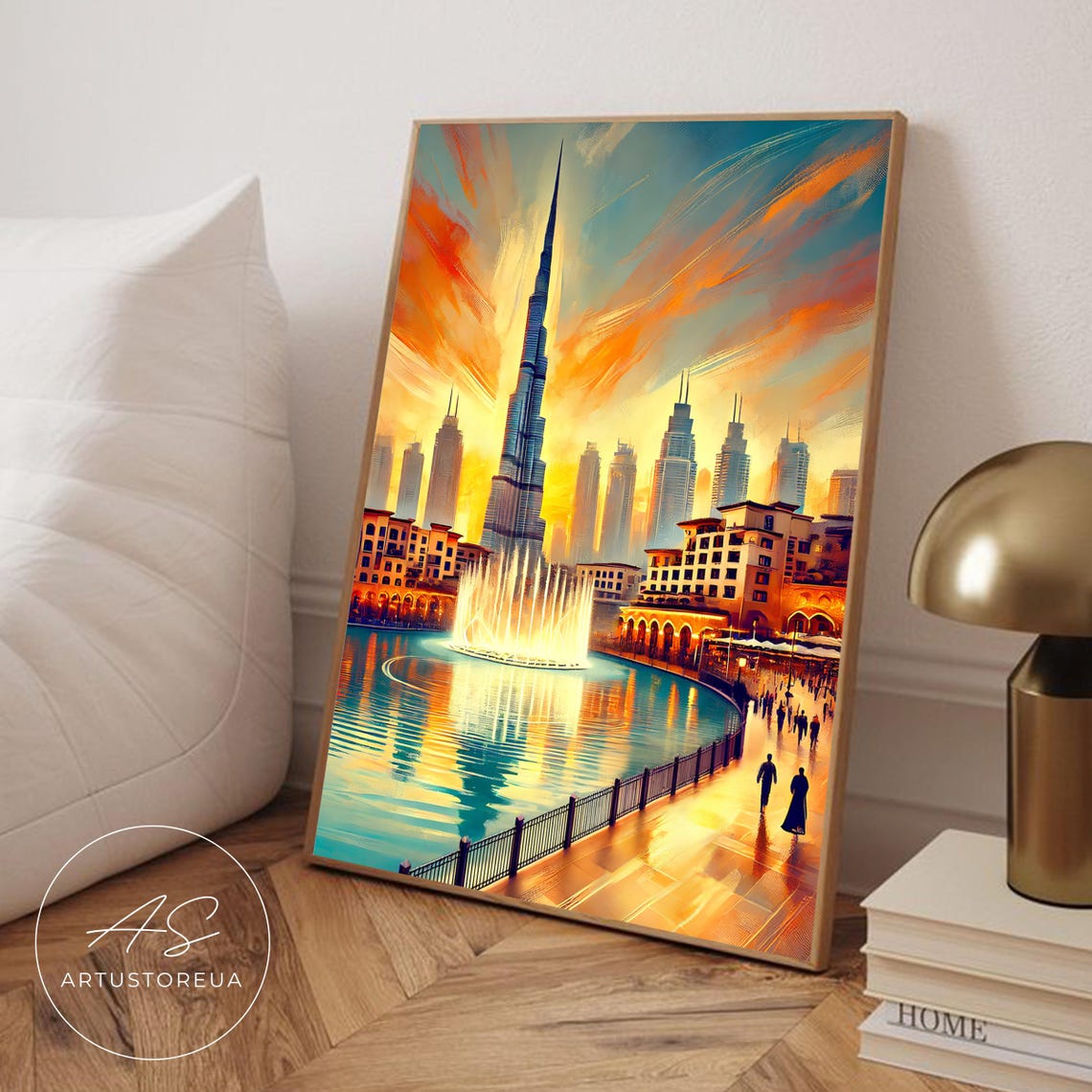 Burj Khalifa Dubai Fountain Sunset Skyline Illustration Poster