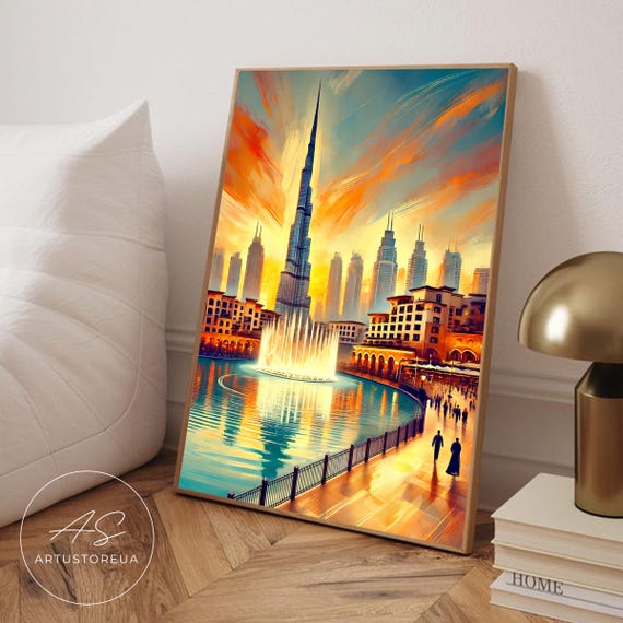Dubai Poster Fountain Art Cityscape Print Illustration Skyline View Uae Wall Decor Travel