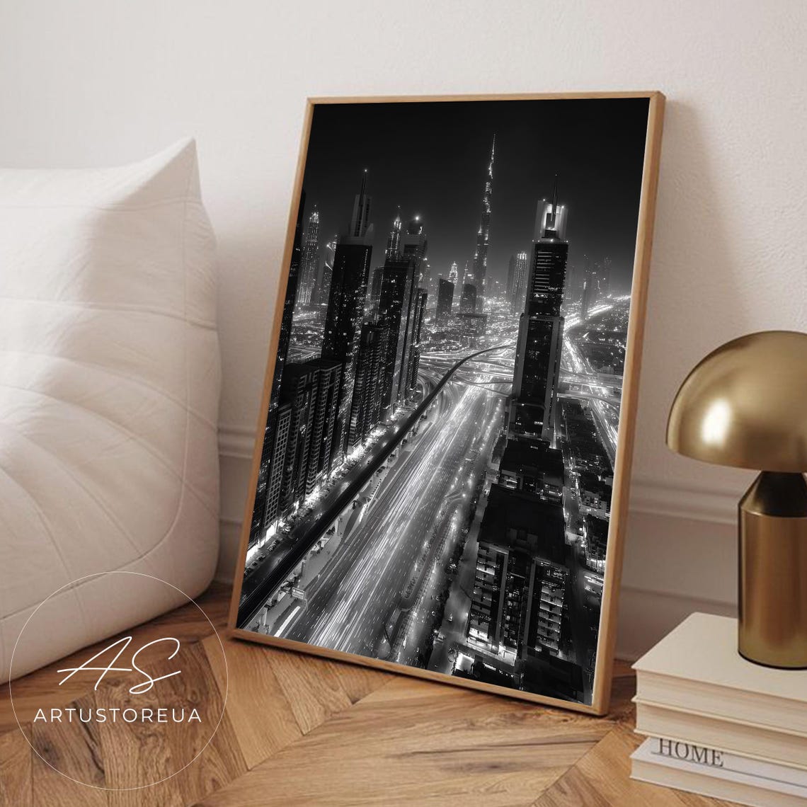 Dubai Night Skyline Black and White Monochrome Cityscape Poster
