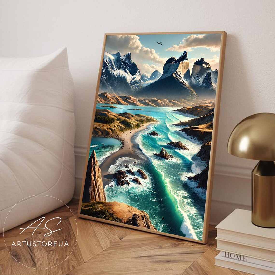 Snowcapped Granite Peaks Turquoise Coastline Dramatic Mountain Landscape Poster