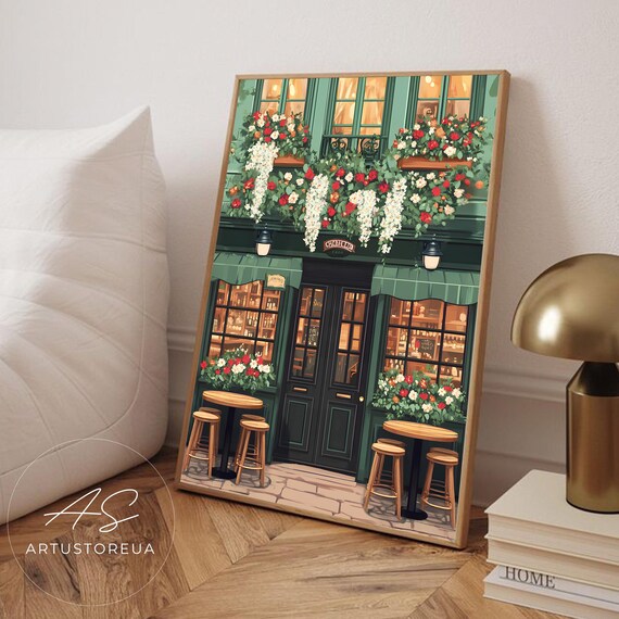 Irish Pub Poster European Pastel Art Print Wall Vintage Cozy Green Facade
