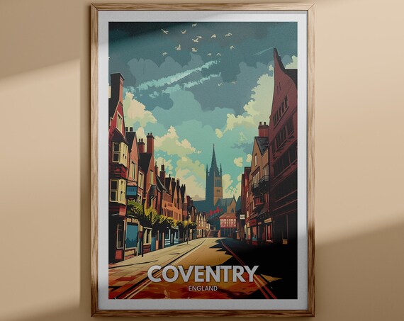 Coventry England Vintage Historic Street Spire Cityscape Poster