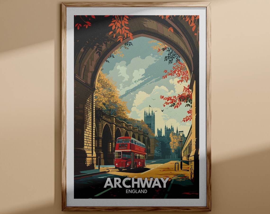 Archway London Travel Poster Gothic Arch Red Bus Vintage Street