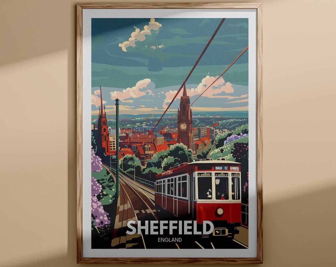 Sheffield England Travel Poster Red Tram Clock Tower City Scene