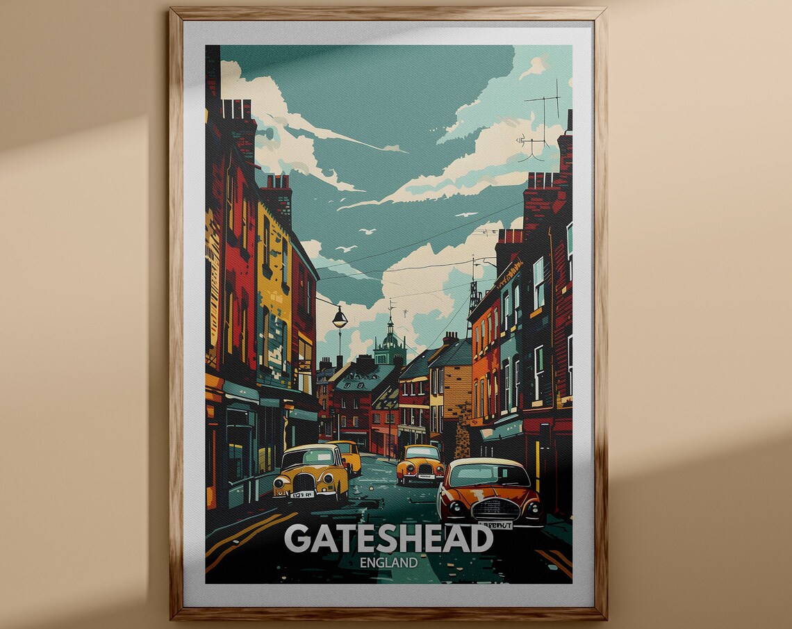 Gateshead England Colourful Terraced Street Vintage Cars Travel Poster