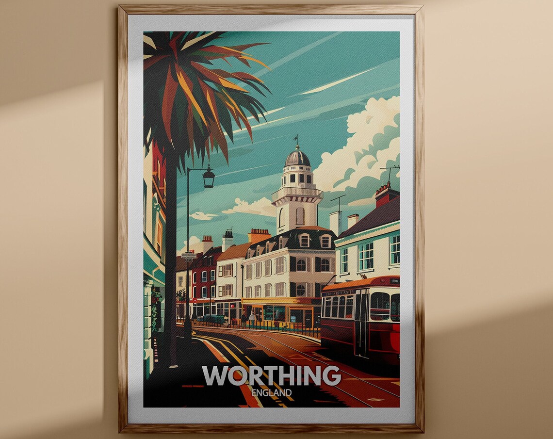 Worthing England Seafront Dome Building Classic Bus Palm Travel Poster