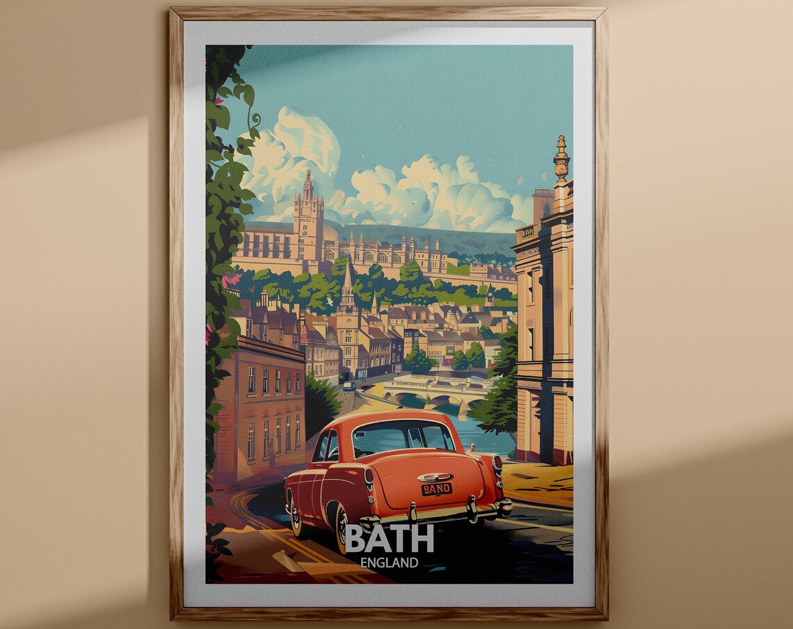 Bath England Red Vintage Car Street View Retro Travel Poster
