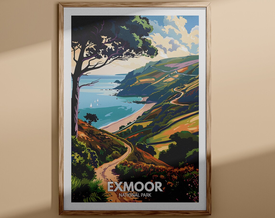 Exmoor National Park Vintage Travel Poster Coastal Hills Scene