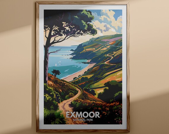 Exmoor National Park Vintage Travel Poster Coastal Hills Scene