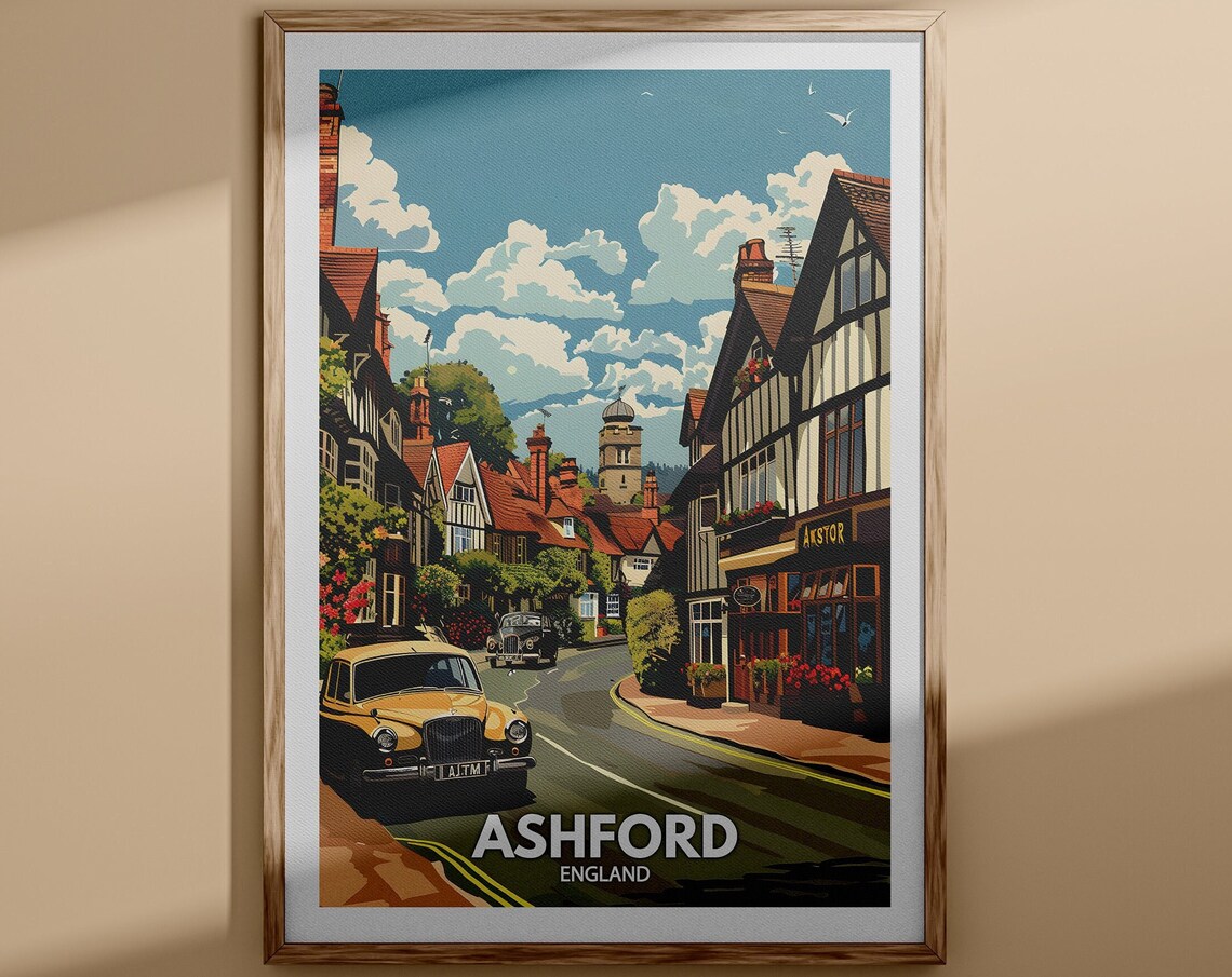 Ashford England Tudor Street Vintage Cars Historic Town Poster