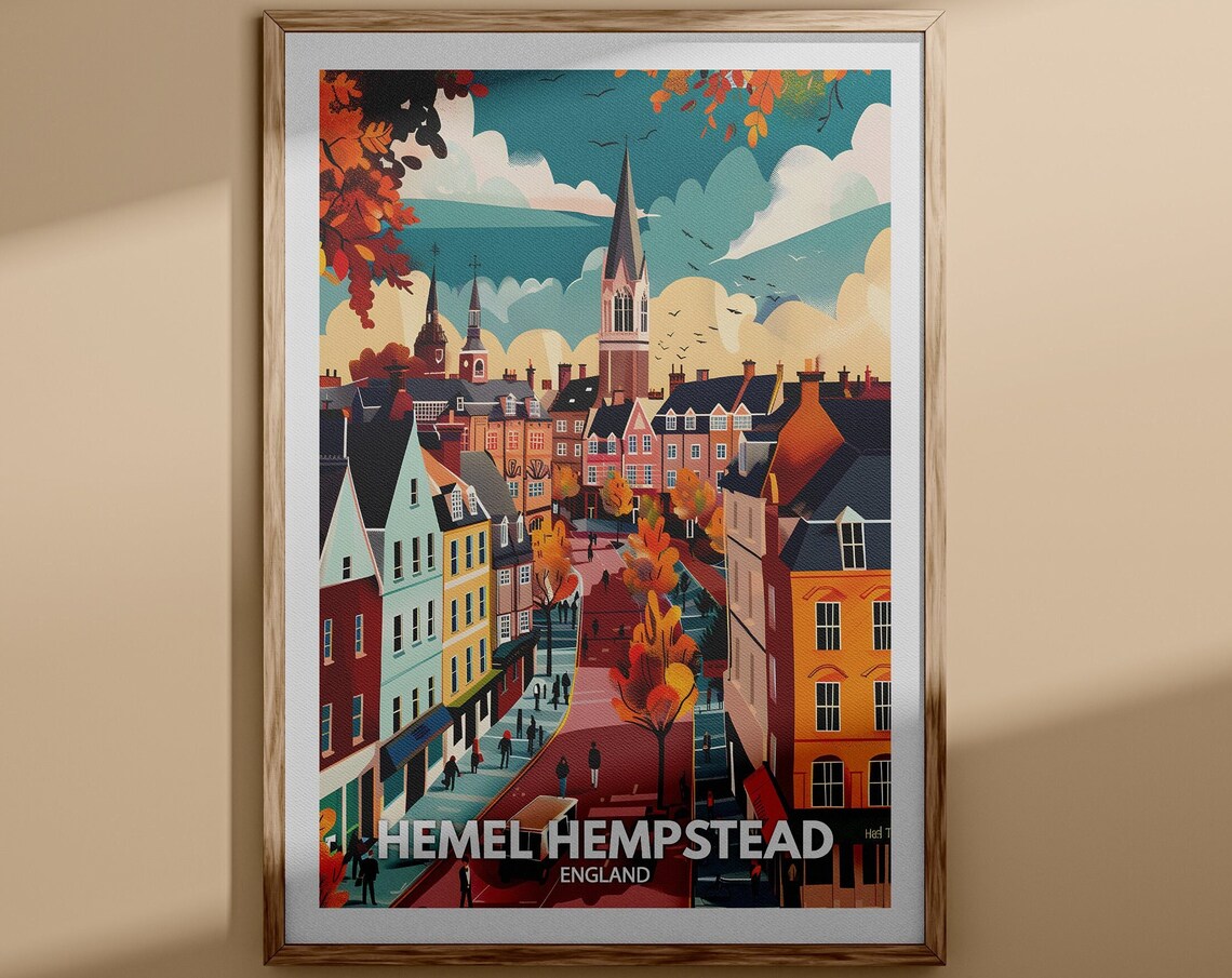 Hemel Hempstead England Travel Poster Autumn Street Spire Scene