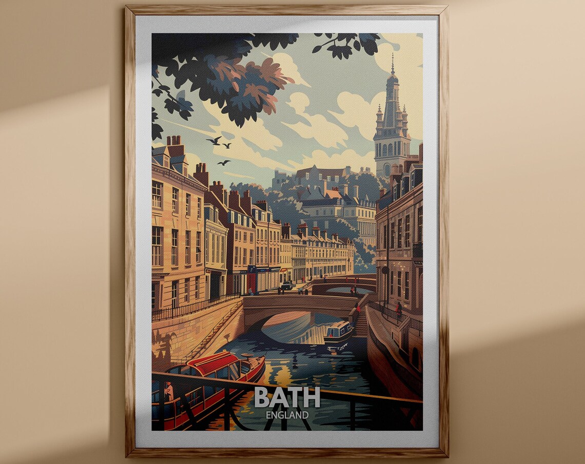 Bath England Travel Poster River Avon Bridge Georgian View Scene