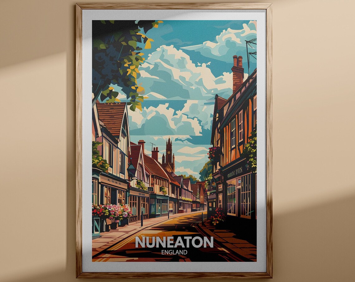 Nuneaton England Town Street Church Tower Flower Baskets Travel Poster