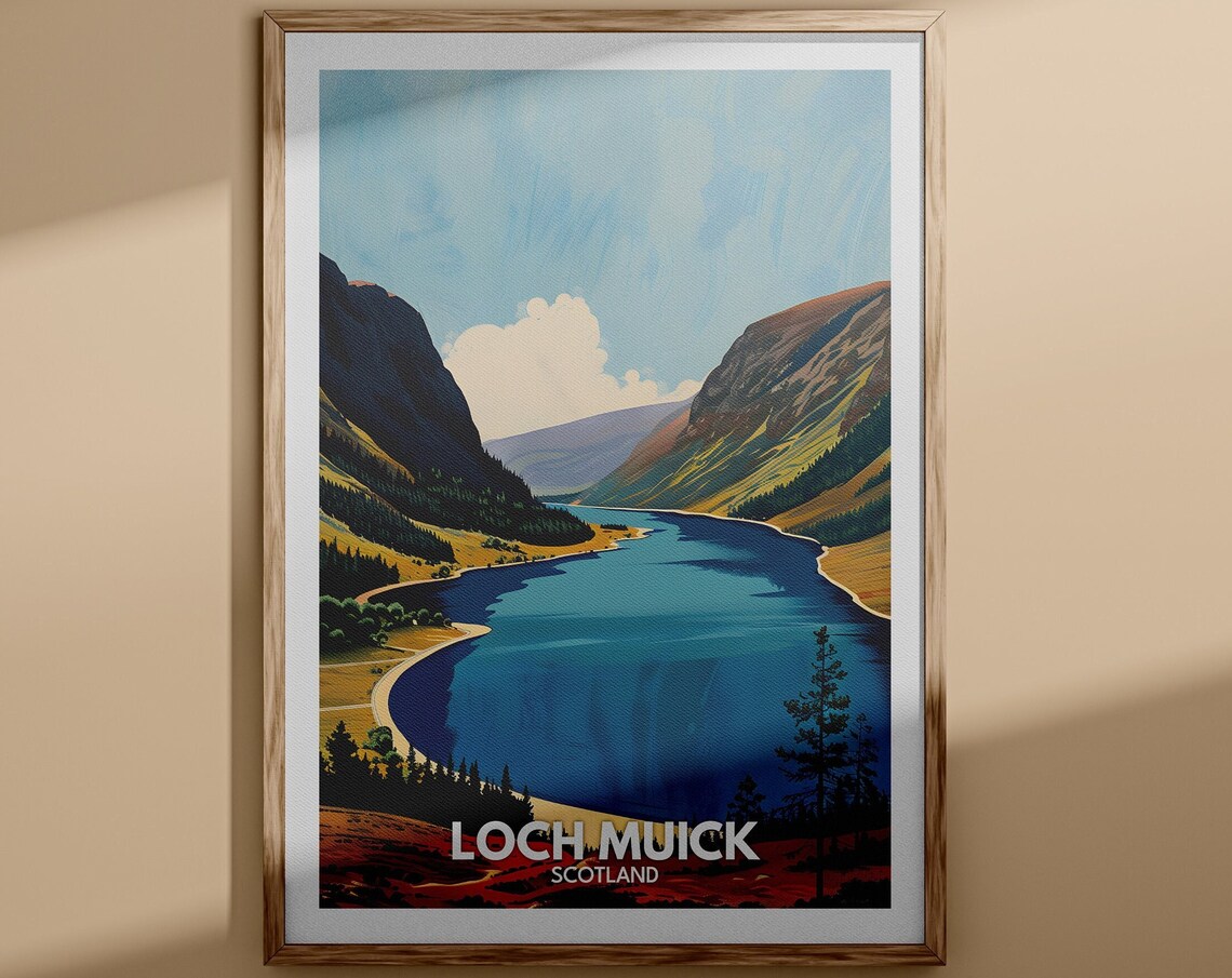 Loch Muick Scotland Blue Mountain Lake Valley Vintage Travel Poster