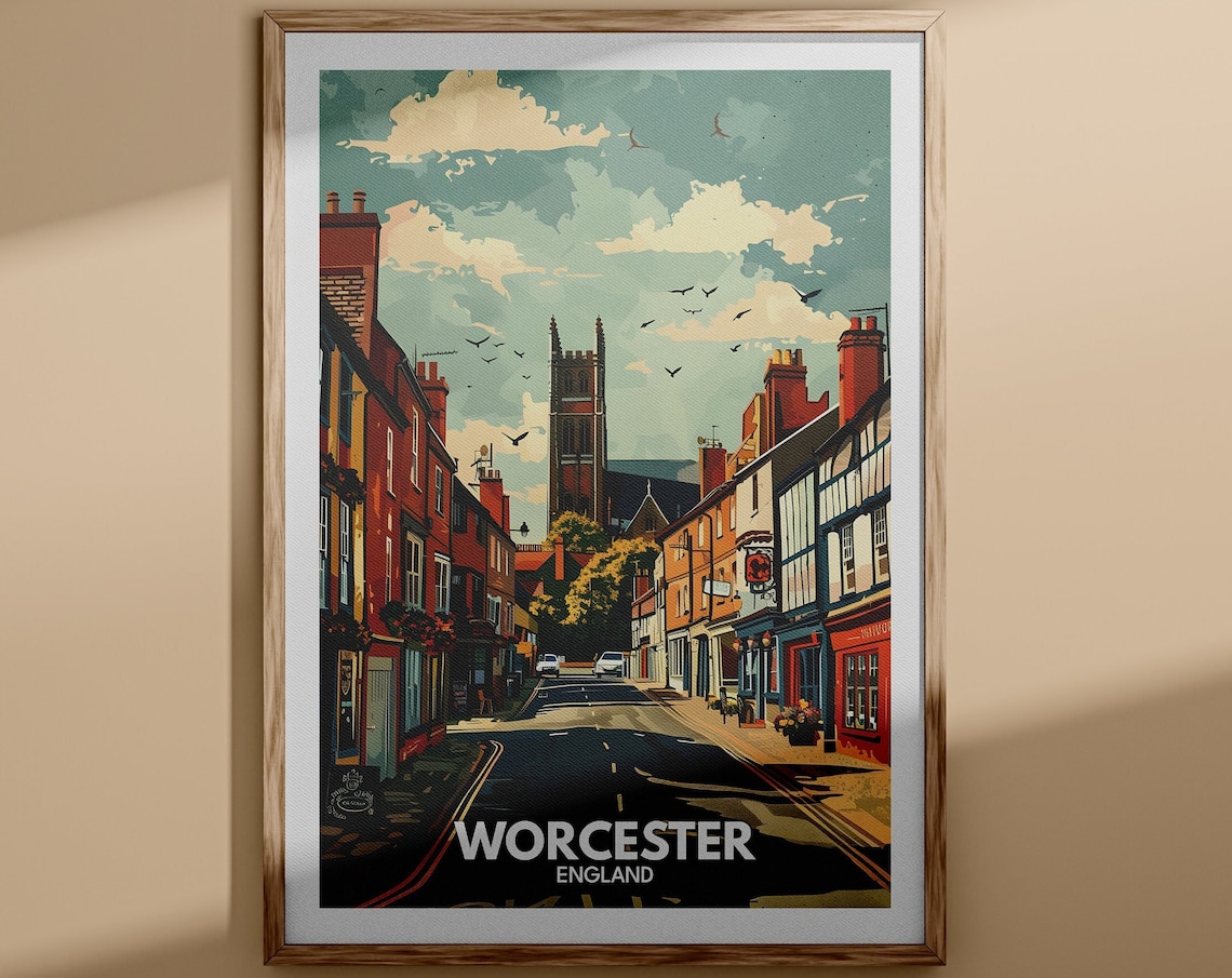 Worcester England Travel Poster Historic High Street Tower View