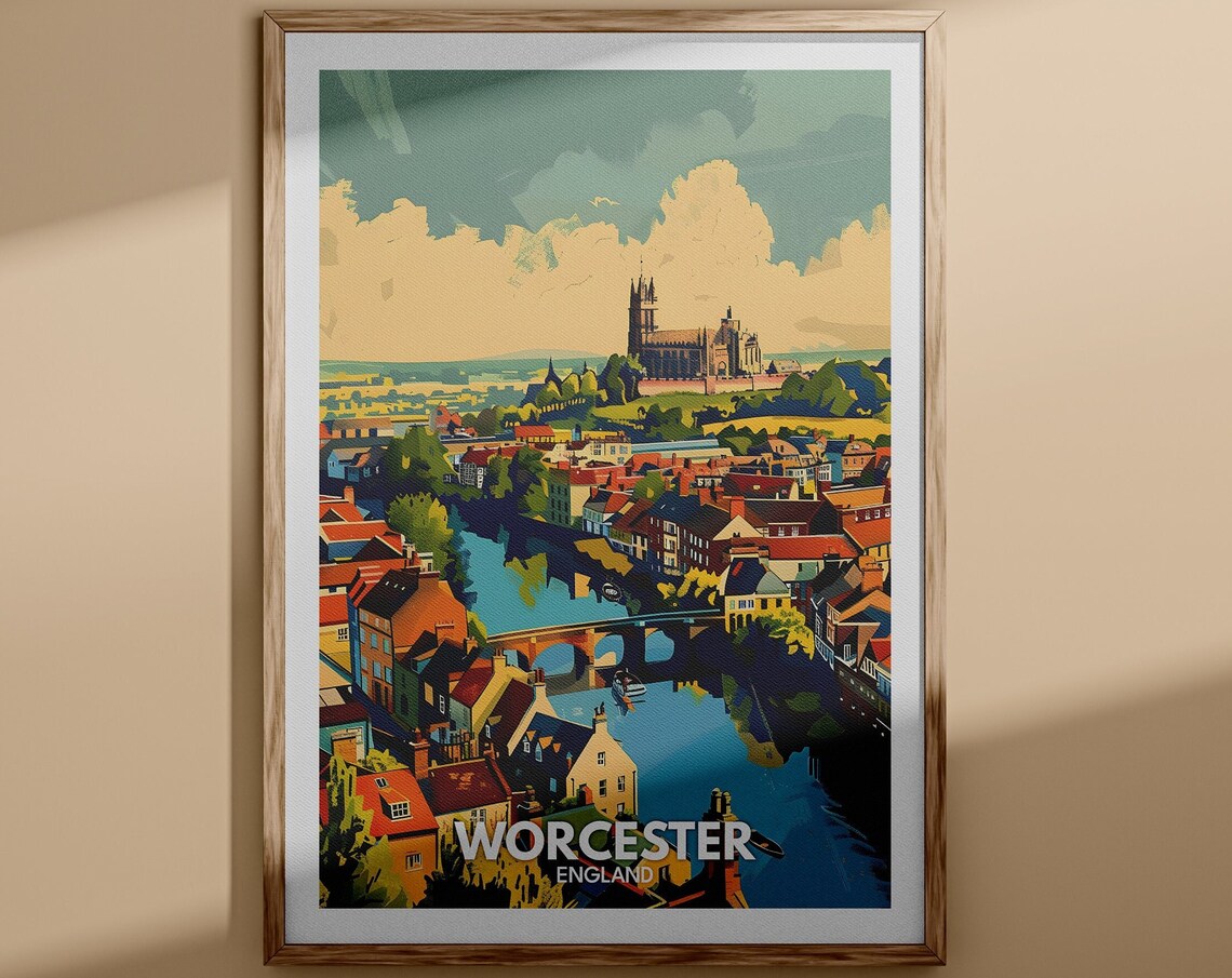 Worcester England Travel Poster Cathedral Riverside Historic View