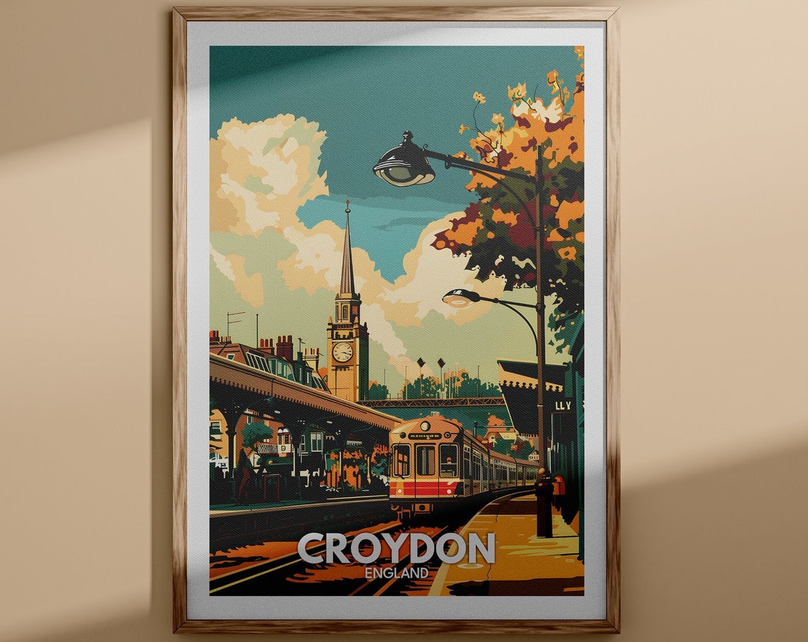 Croydon England Train Station Vintage Railway Sunset Travel Poster