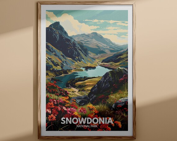 Snowdonia National Park Travel Poster Mountain Lake Valley Scene