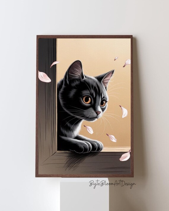 Black Cat Peeking Around Corner With Falling Flower Petals Poster