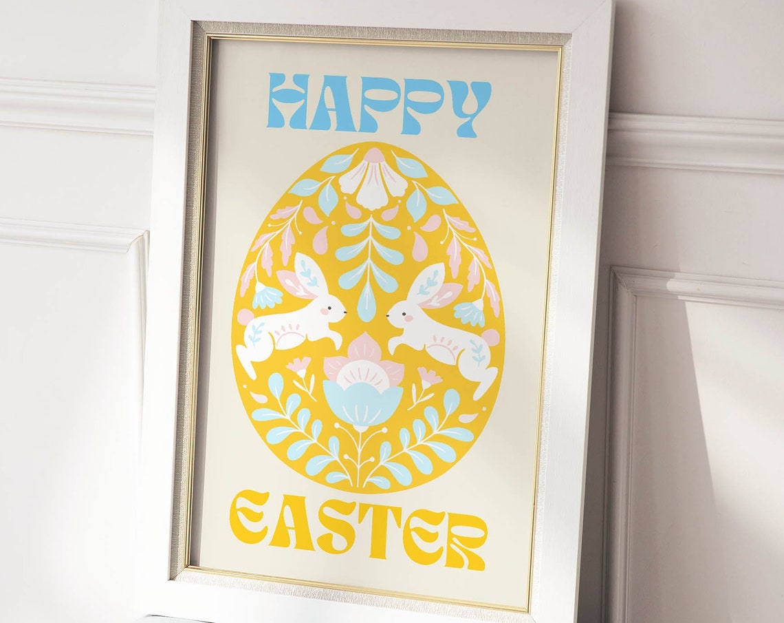 Happy Easter Folk Art Egg With Two Bunnies Yellow Blue Poster