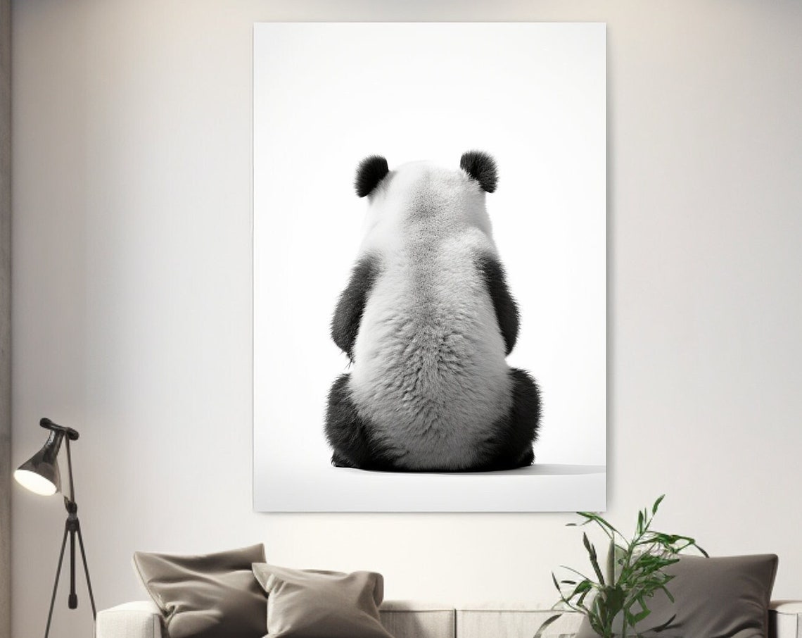 Giant Panda Sitting From Behind Minimalist Black And White Art Poster