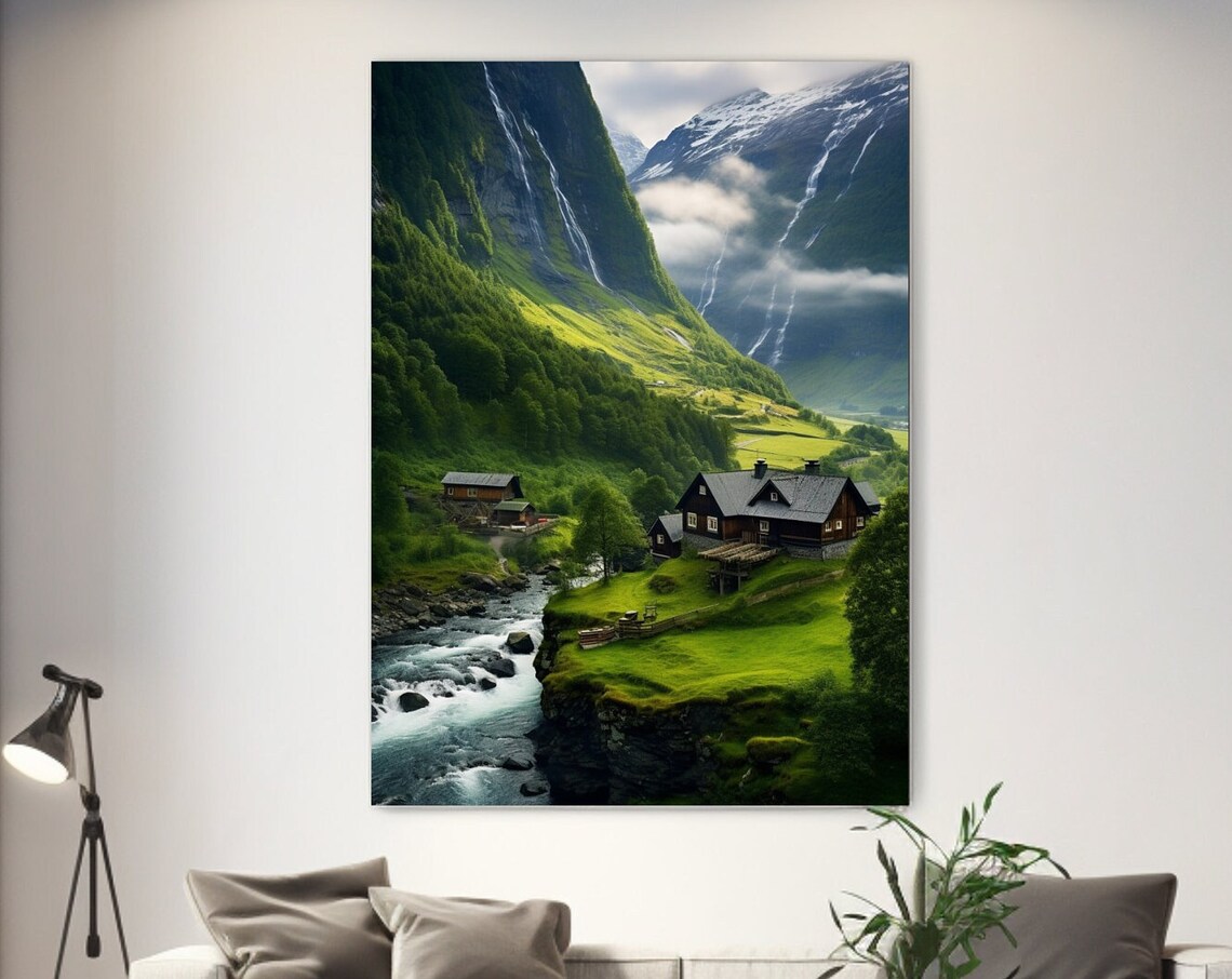 Norway Waterfalls Wooden Cabins Green Valley River Travel Poster