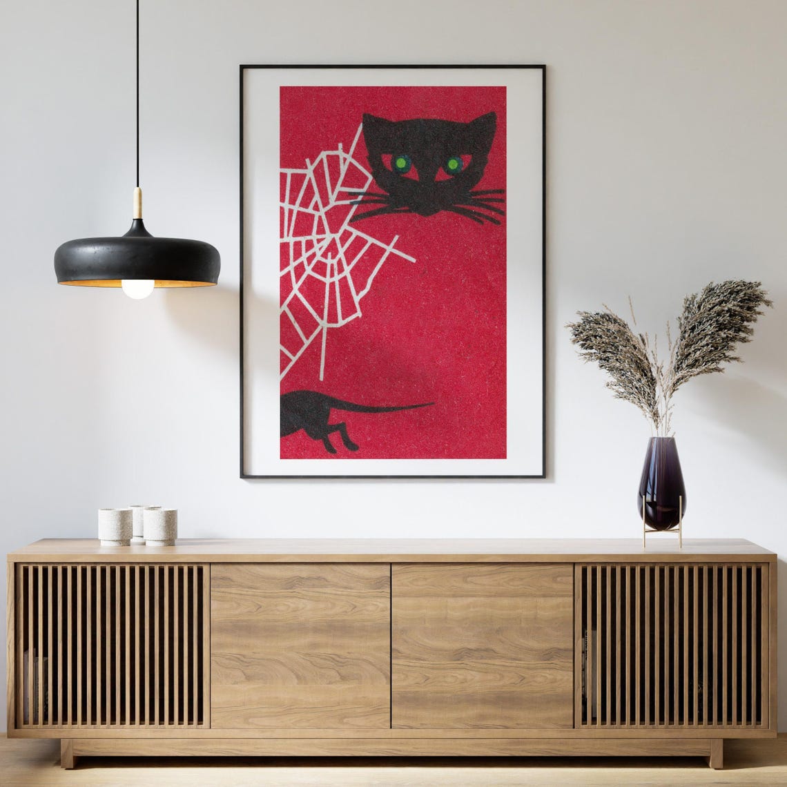 Black Cat and Mouse Spider Web Red Vintage Matchbox Art Poster - Image 4