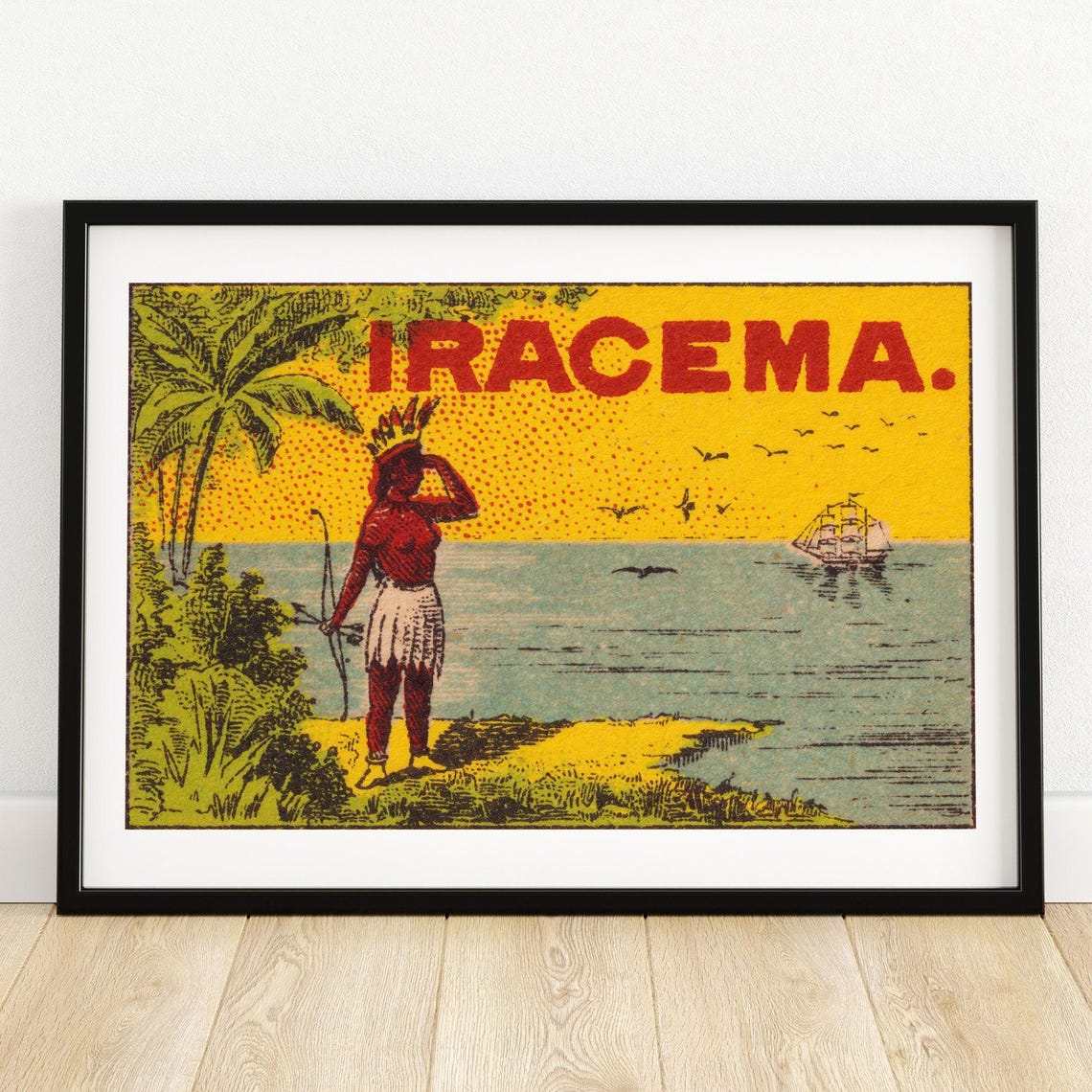 Iracema Native Archer Watching Ship Swedish Matchbox Label Poster