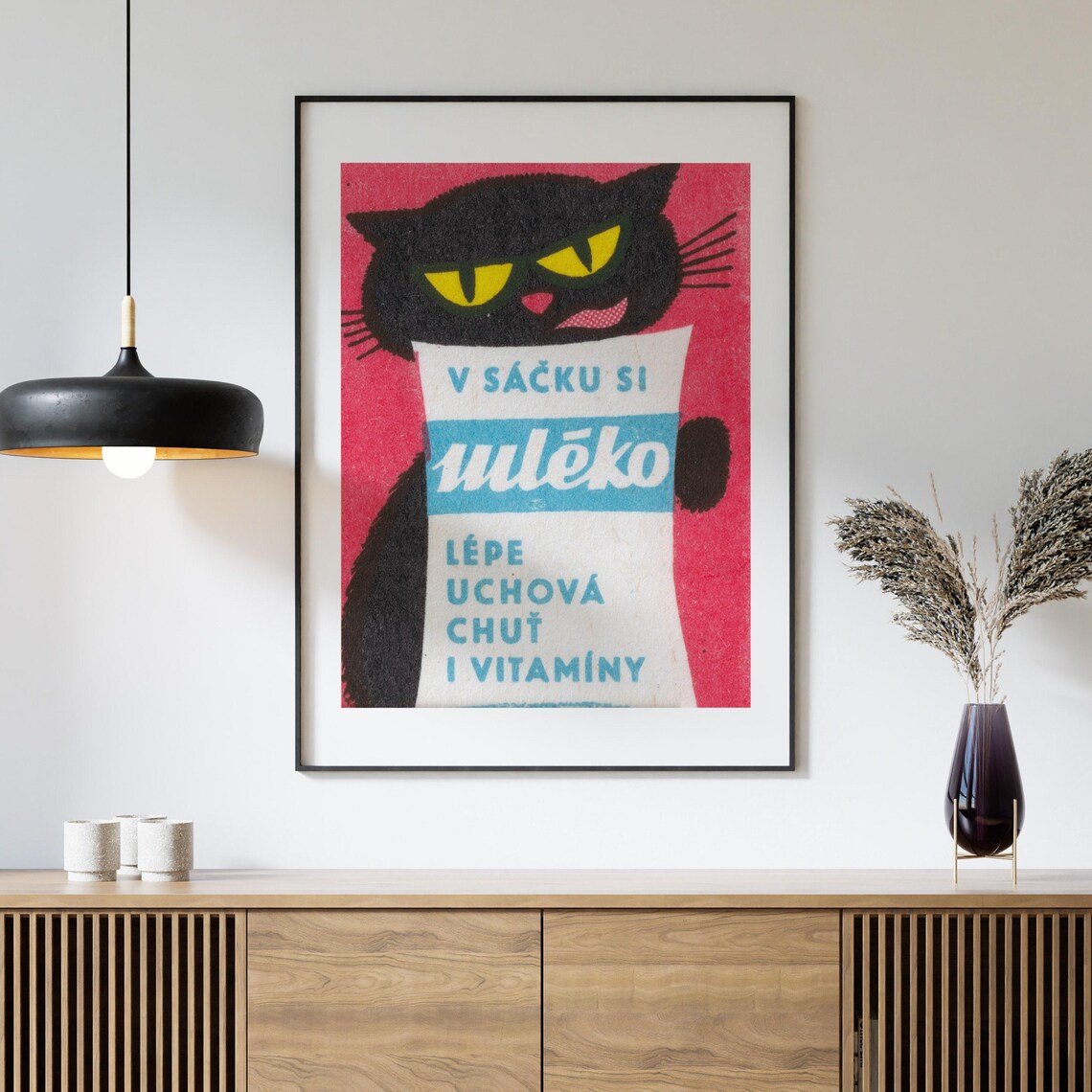 Black Cat With Milk Bag Czech Matchbox Label Pink Funny Vintage Cat Poster - Image 4