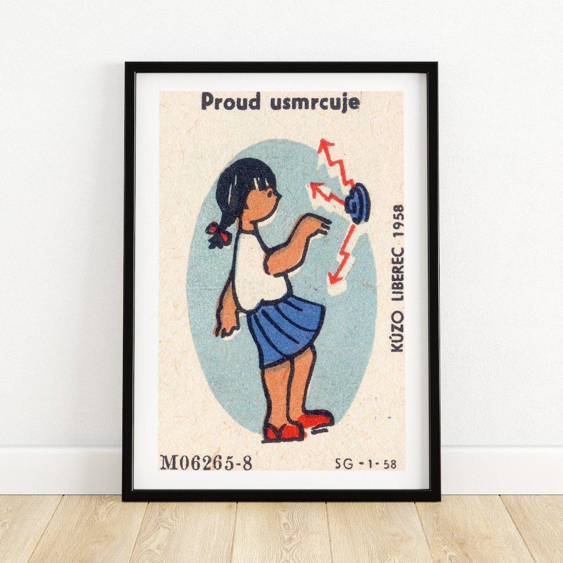 Electricity Kills Child Safety Girl Czech 1958 Matchbox Poster Art
