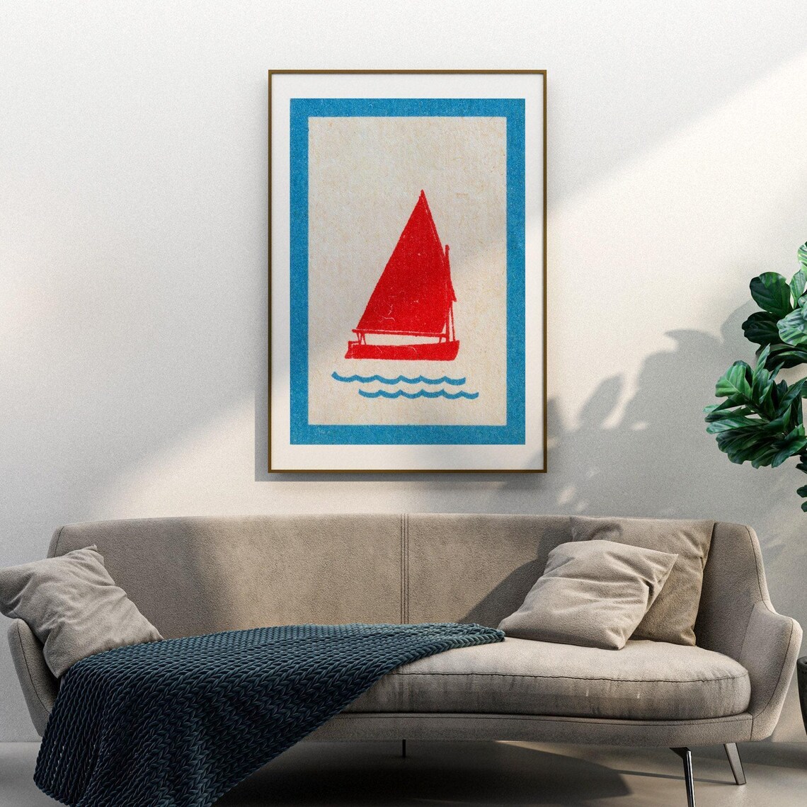 Red Sailboat Blue Waves Minimalist Vintage Matchbox Style Art Poster - Image 3
