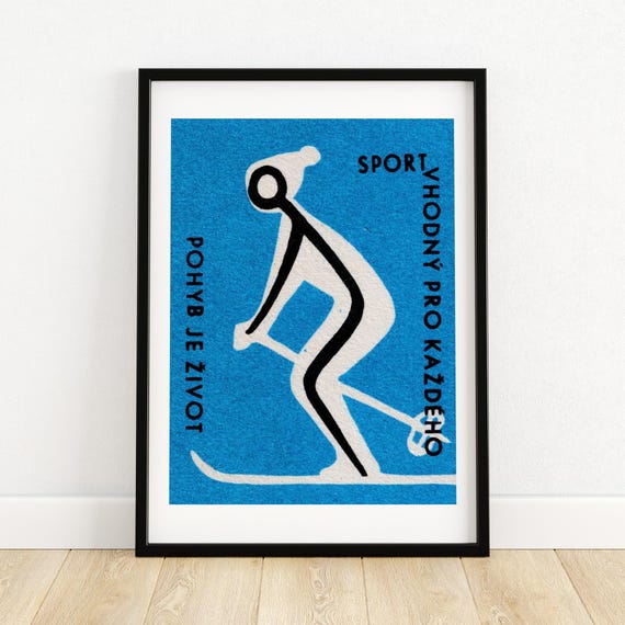 Skiing For Health Matchbox Print Czech Wall Art Vintage Czech Art Matchbox Wall Poster Vintage Poster Print