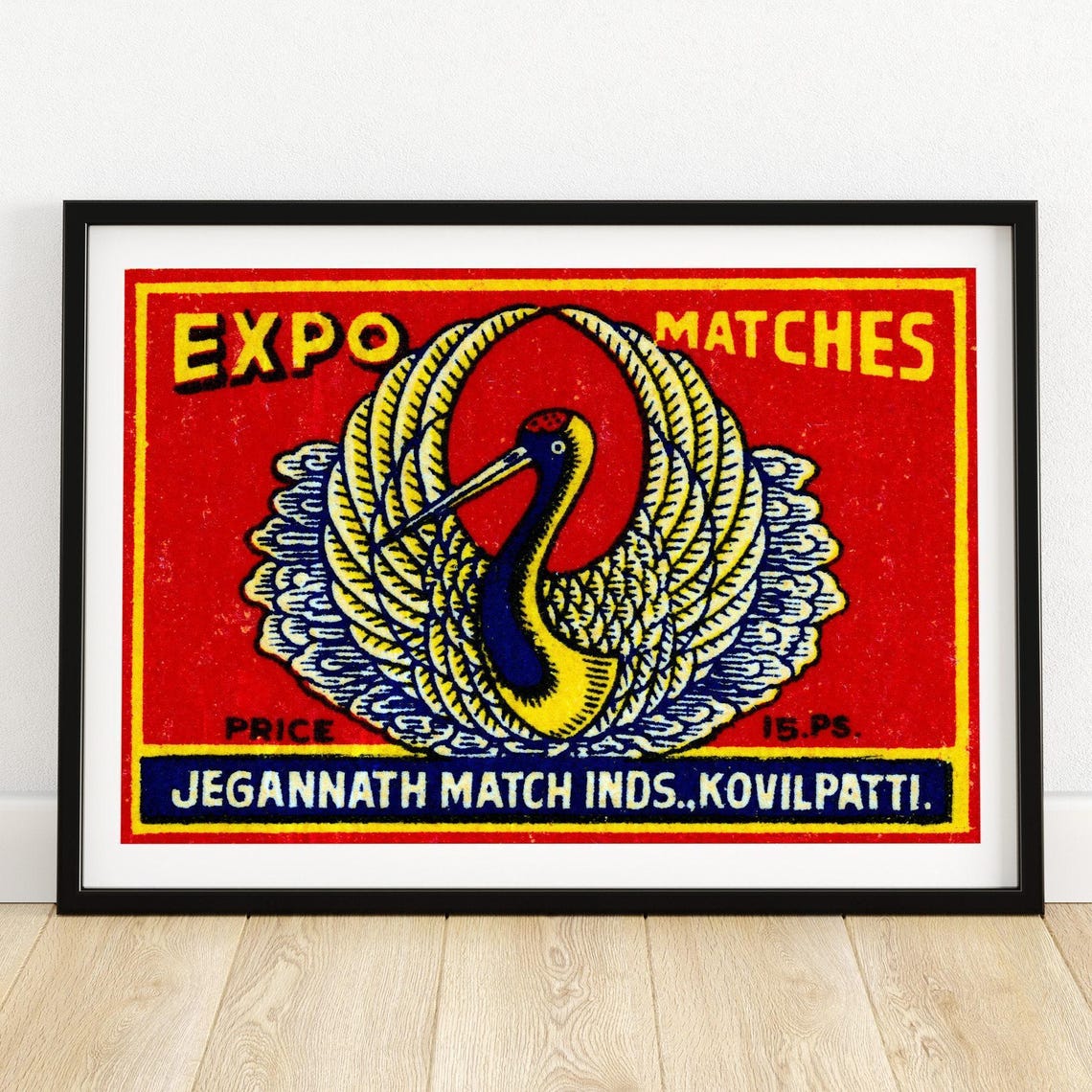 Crane Bird Expo Matches Vintage Indian Matchbox Label Art Poster