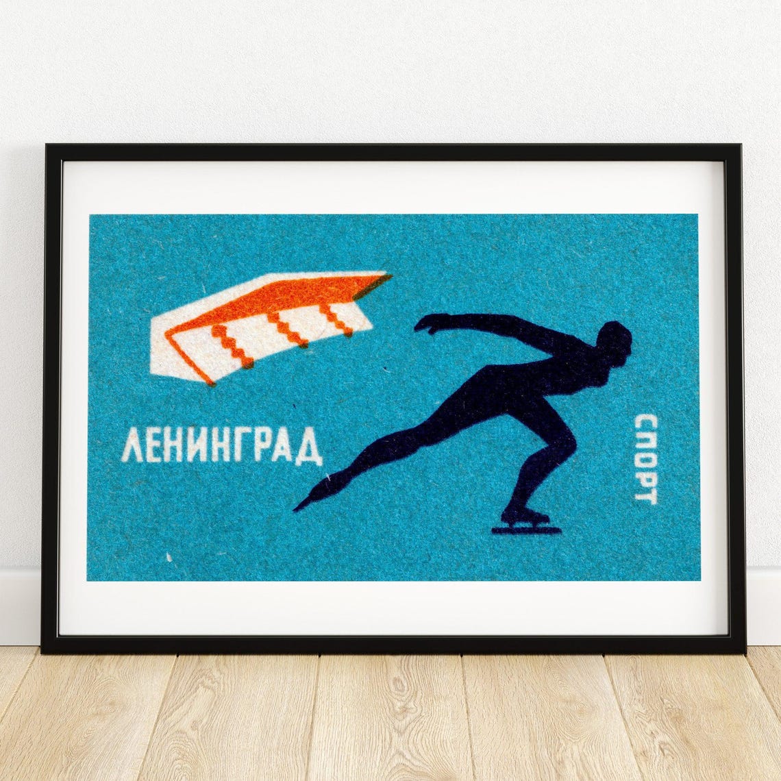 Leningrad Sport Soviet Speed Skater Silhouette Teal Matchbox Poster